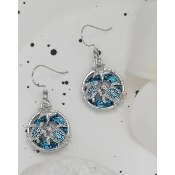 Turtle & Starfish Blue Crystal Earrings – Ocean Beach Vibes Jewelry - Picture 6 of 7